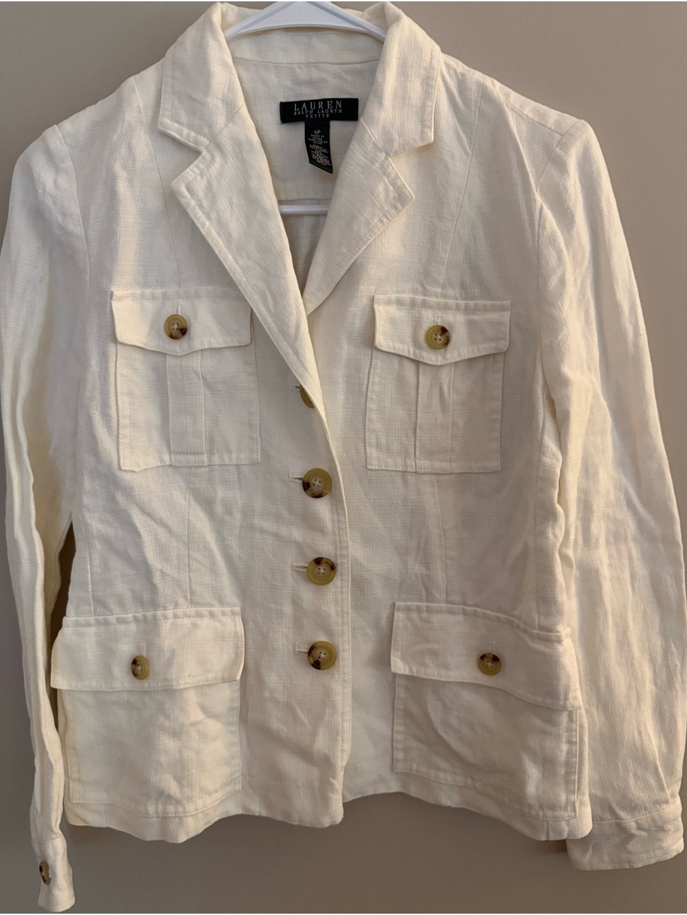 Lauren Ralph Lauren Ivory Linen Safari Utility Jacket Cargo Pockets Blazer 4P